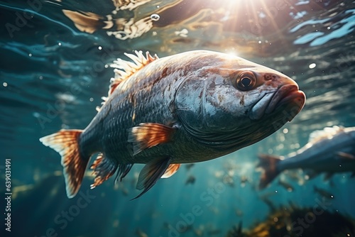 Tropical fish swimming in the water. Underwater world.