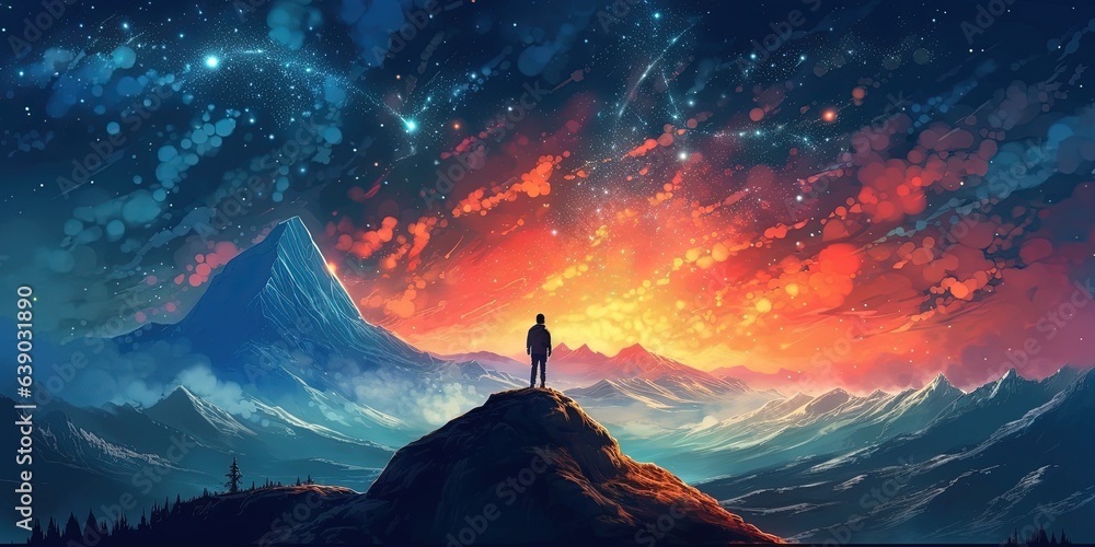 Man standing on cliff looking mountains view with starry sky, digital art style, illustration painting - obrazy, fototapety, plakaty 