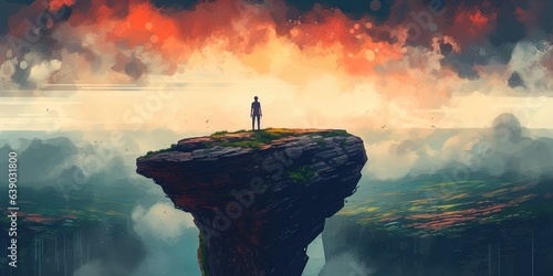 Man standing on a rock in the world without gravity, digital art style, illustration painting