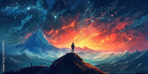 Man standing on cliff looking mountains view with starry sky, digital art style, illustration painting