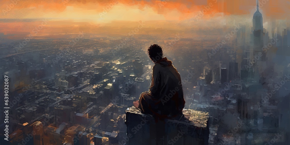 Man watching over the city, illustration painting