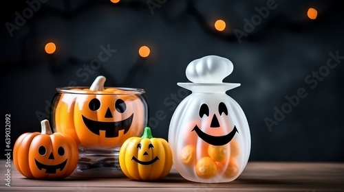 Halloween Concept - little white ghost with halloween pumpkin candy jar doing trick or treat with curved pumpkins over bats and spider web on Wooden studio background