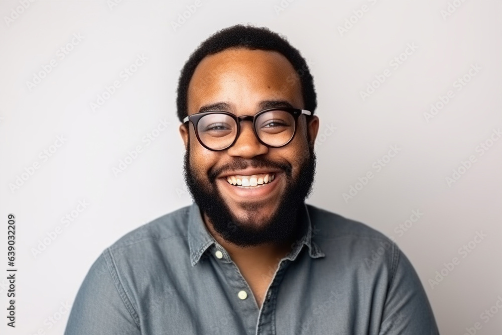 A beaming Black man with glasses, photographed against a simple white background. A beaming Black man with glasses, photographed against a simple white background.