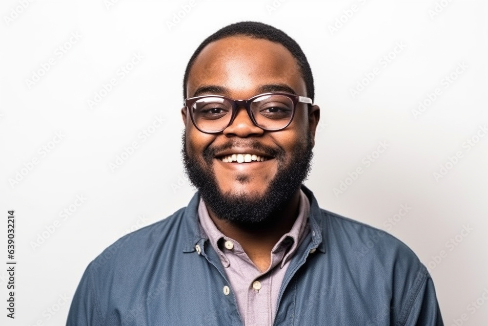 A joyful portrait of a Black man in glasses against a white backdrop. A joyful portrait of a Black man in glasses against a white backdrop.