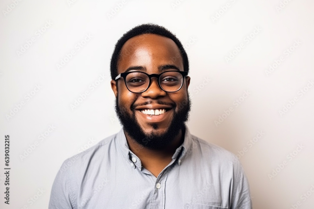 A joyful portrait of a Black man in glasses against a white backdrop. A joyful portrait of a Black man in glasses against a white backdrop.
