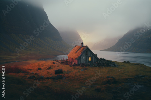 Cabin in the evening light in the cloudy mountains photo