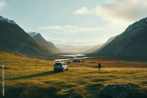 Travelling in a 4x4 car through a landscape with lake and mountains photo