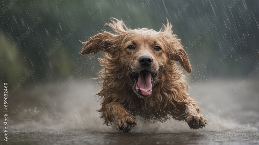 Golden shaggy dog with open mouth running through puddles on asphalt in the rain, depth of field