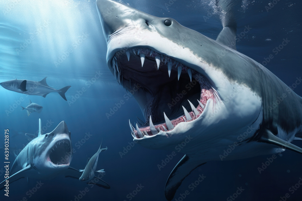 Naklejka premium A dangerous shark with many teeth and open jaws hunting for its prey in the blue waters of the ocean. AI Generative.