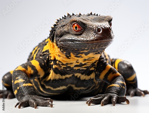 Close up of a yellow and black lizard isolated on white background.