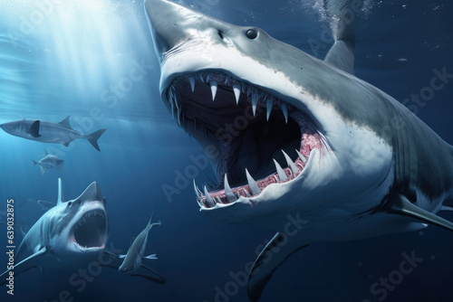 A dangerous shark with many teeth and open jaws hunting for its prey in the blue waters of the ocean. AI Generative.