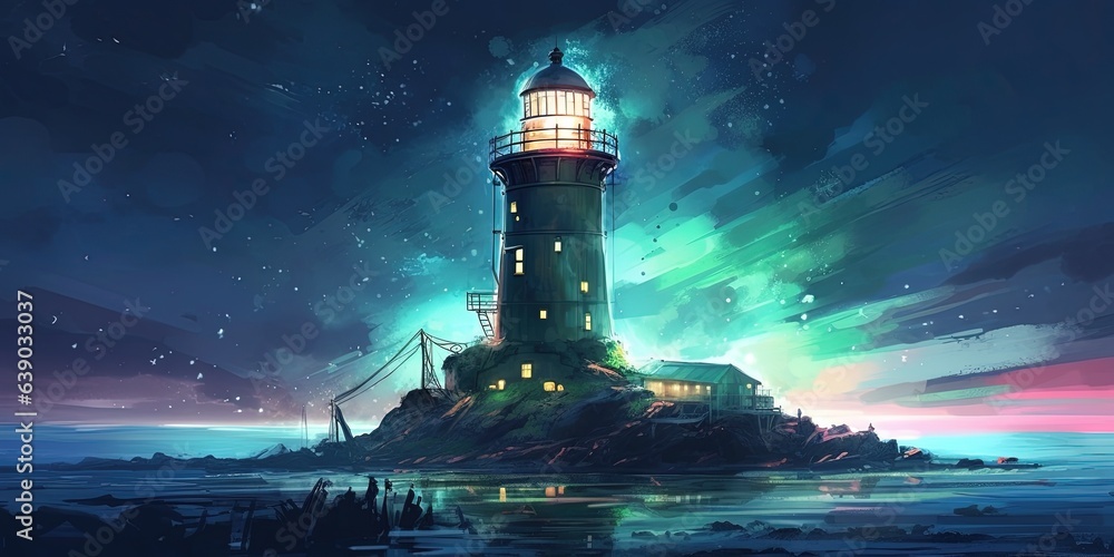 Night scenery of the big lighthouse in futuristic world, digital art style, illustration painting