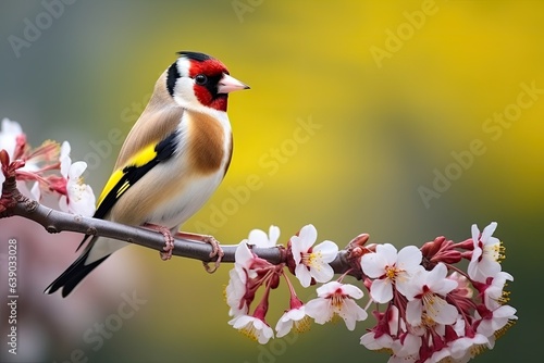 Goldfinch (Carduelis carduelis) on a flowering branch. Beautiful bird on a branch of cherry blossoms on a yellow background