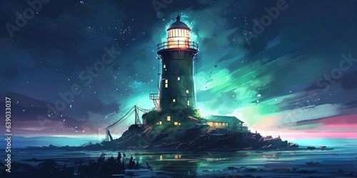 Night scenery of the big lighthouse in futuristic world, digital art style, illustration painting