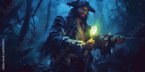 Pirate searching with a blue light torch in dark forest, digital art style, illustration painting