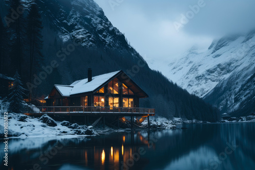 Illuminated Wooden house in the forest on a calm reflecting lake with the foggy mountains in the background at dusk photo