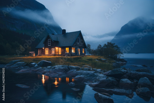 Illuminated Wooden house in the forest on a calm reflecting lake with the foggy mountains in the background at dusk photo