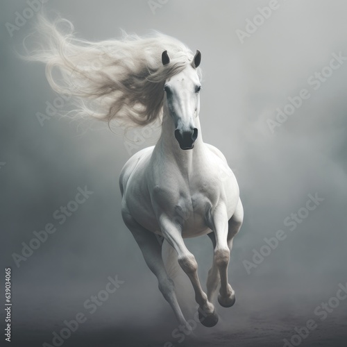 White Arabian horse galloping in dust and smoke on dark background, side view © korkut82