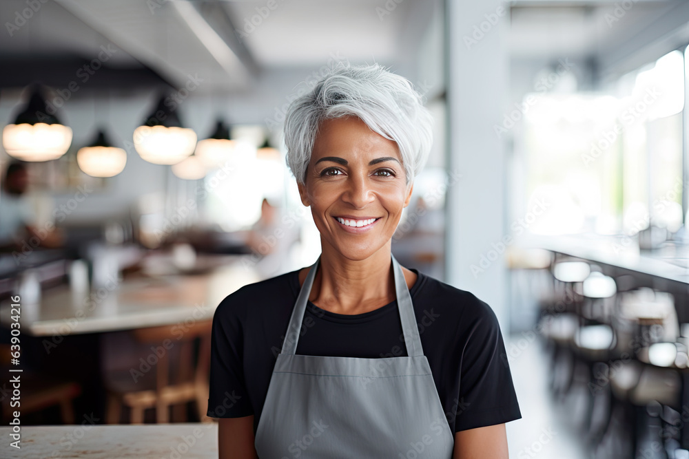 Portrait of a happy and smiling female waiter, or small business owner in the coffee shop.