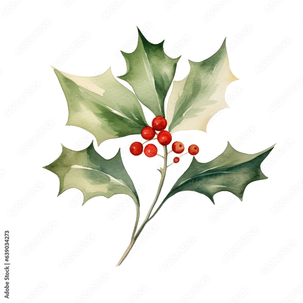 Fototapeta premium Holly leaves and berry watercolour illustration. clipart for design. Christmas elements. isolated on transparent background. Generative ai