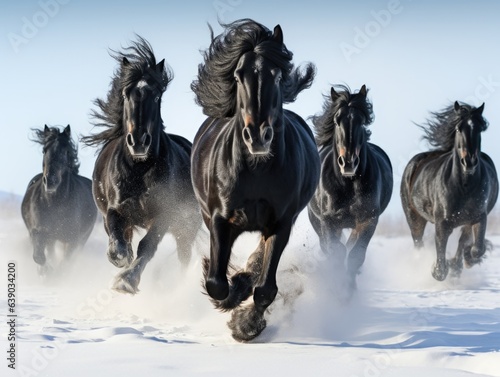 Black friesian horses running in the snow in winter, Czech Republic, Europe