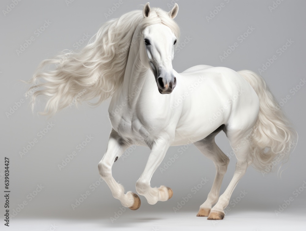 White arbian horse with long mane isolated on gray background. 3d rendering