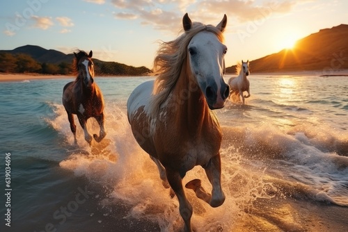 Beautiful horses running on the beach at sunset. Horses in the sea. 