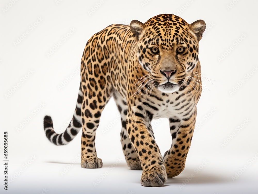 Leopard standing in front of a white background and looking at the camera Leopard standing in front of a white background and looking at the camera