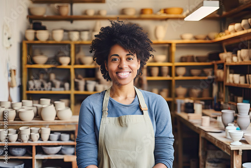 Portrait of a successful and satisfied black woman owner of a pottery workshop