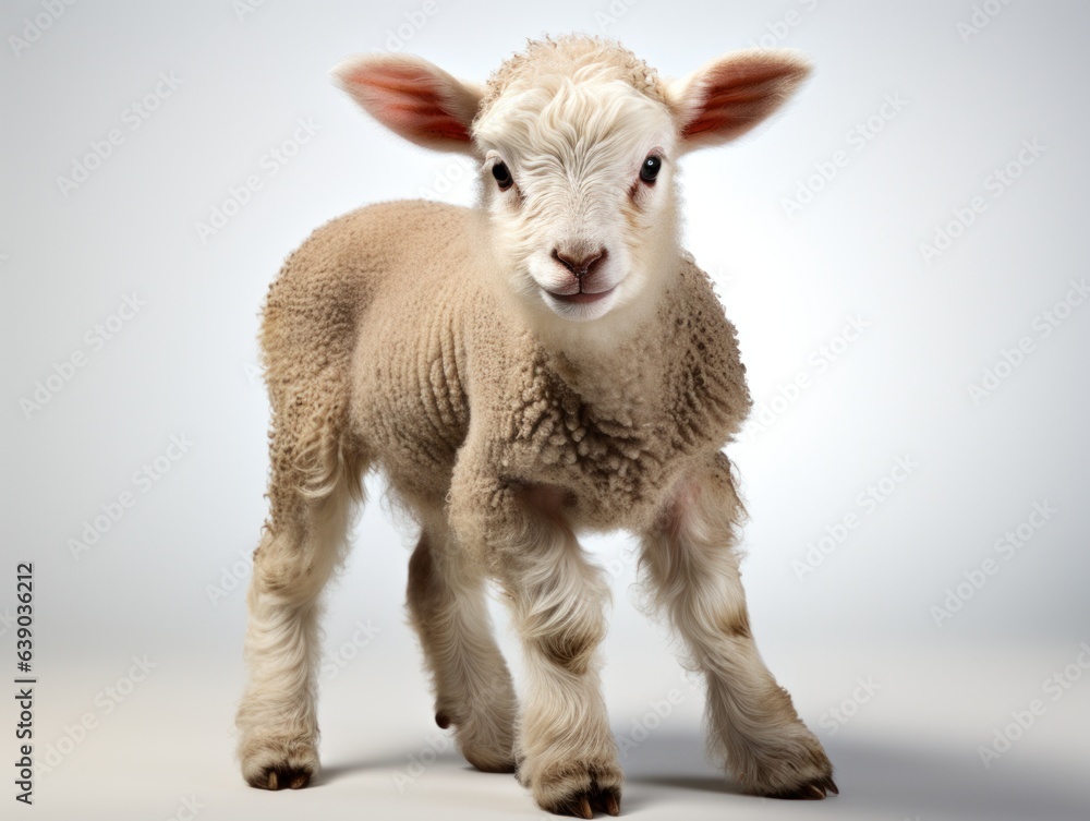 Fototapeta premium Studio portrait of a young lamb standing on gray background with copy space
