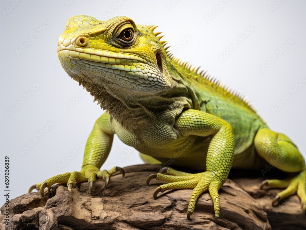 Obraz premium Close-up portrait of a bearded dragon on a gray background.
