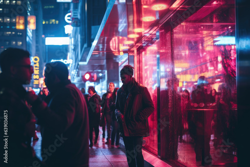 People under the neon lights of the city at night  photo