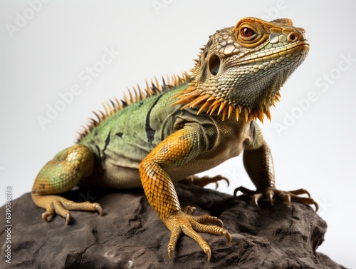 Close-up portrait of a bearded dragon on a gray background.