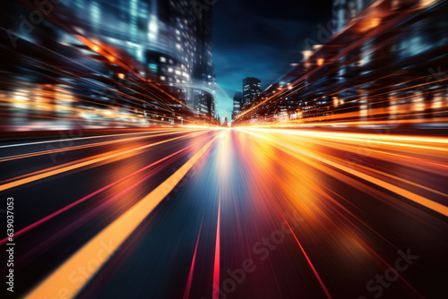 The traces left by swiftly passing car lights on the streets of the city at night. © STOCK-AI