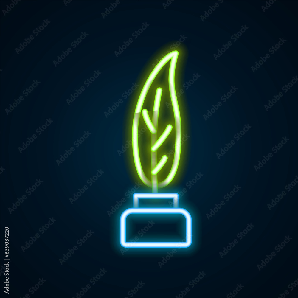 Glowing neon line Feather and inkwell icon isolated on black background. Colorful outline concept. Vector Glowing neon line Feather and inkwell icon isolated on black background. Colorful outline concept. Vector
