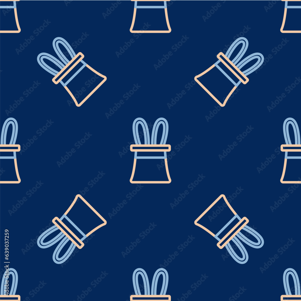 Line Magician hat and rabbit ears icon isolated seamless pattern on blue background. Magic trick. Mystery entertainment concept. Vector Line Magician hat and rabbit ears icon isolated seamless pattern on blue background. Magic trick. Mystery entertainment concept. Vector