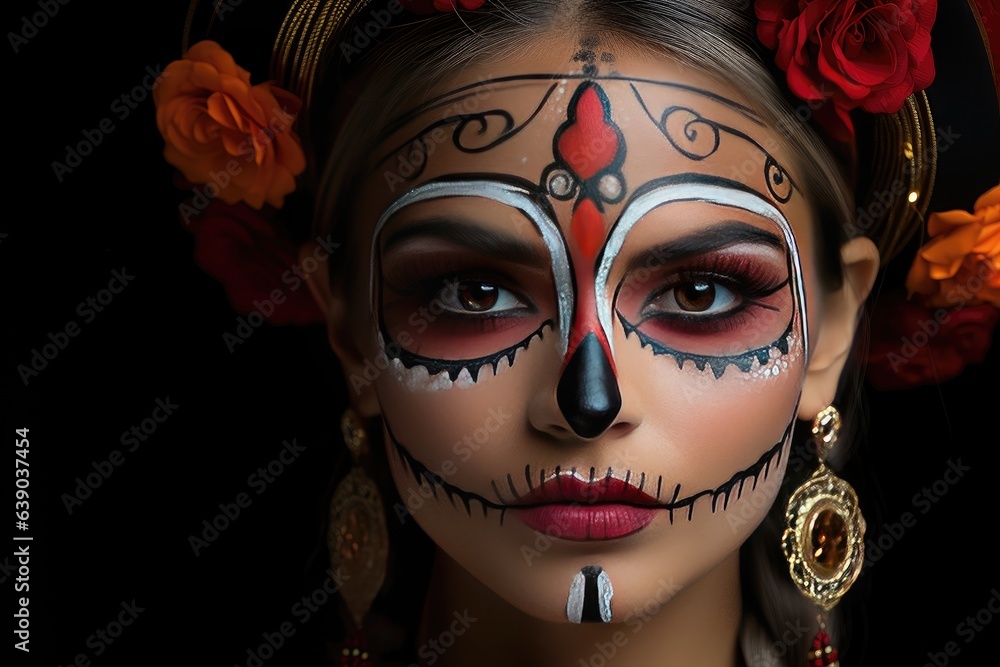 A Mexican woman with a Day of the Dead Katrina mask painted on her face. Generative AI