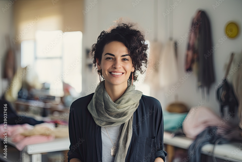 Portrait of a happy smiling female fashion designer, business owner, standing in her design studio