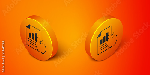 Isometric Diet plan icon isolated on isolated on orange background. Concept of fitness marathon, proper nutrition, healthy food, beautiful body, vegetables, slimming. Orange circle button. Vector