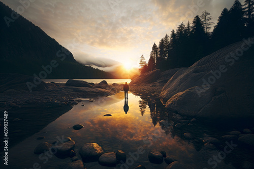 Lone wanderer witnessing sunrise at the shore photo