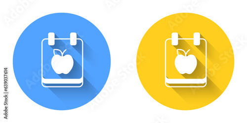 White Diet plan icon isolated on isolated with long shadow background. Concept of fitness marathon, proper nutrition, healthy food, beautiful body, vegetables, slimming. Circle button. Vector