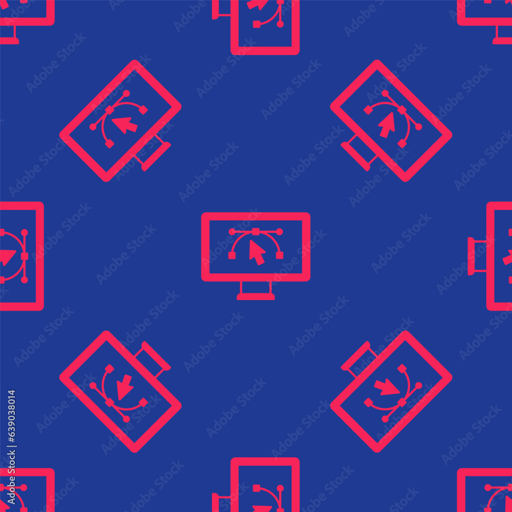 Red Computer display with vector design program icon isolated on isolated seamless pattern on blue background. Photo editor software with user interface. Vector Red Computer display with vector design program icon isolated on isolated seamless pattern on blue background. Photo editor software with user interface. Vector