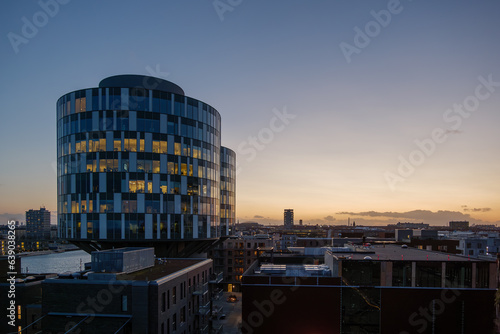 Canvas Print Outdoor night aerial top view at  famous office building Portland Towers Corporate Offices in Copenhagen, Denmark