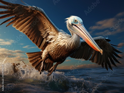 Pelican flying over the ocean at sunset. 3d render