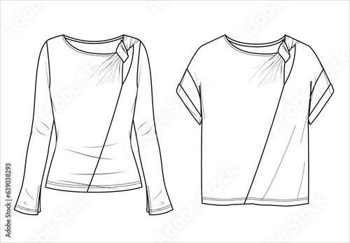 Vector round neck t-shirt with knot at front fashion CAD,  tie detailed long sleeve woman top technical drawing, template, sketch. Jersey or woven fabric blouses set with front, back view, white color
