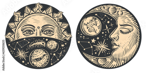 Sun and Moon with face engraving style drawing. Day and night. Hand drawn vector illustration astrology concept