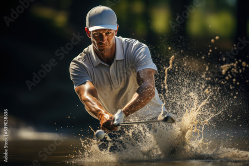 Golf Elegance. Golfer making a precise swing on a picturesque course, illustrating the precision and finesse in sports. Generative Ai. © Sebastian