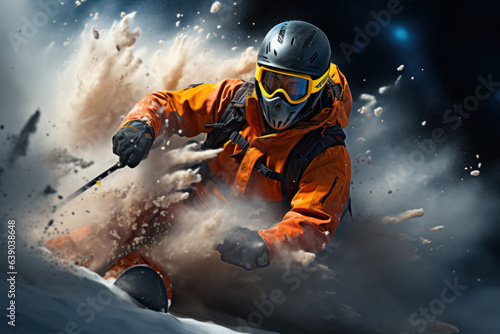 Skiing Adventure. Skier carving down a snow-covered slope, capturing the thrill and exhilaration of winter sports. Generative Ai.