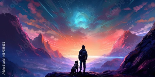 Traveler and dog standing and looking at the colorful light in the valley  digital art style  illustration painting