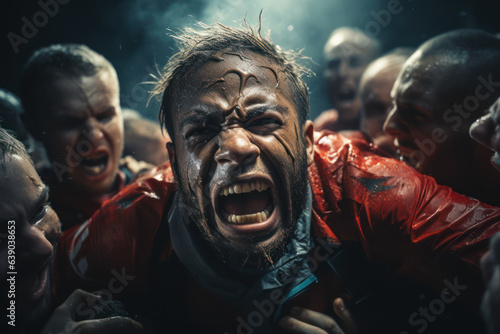 Rugby Clash. Players in a scrum, symbolizing the physicality and camaraderie in team sports. Generative Ai.